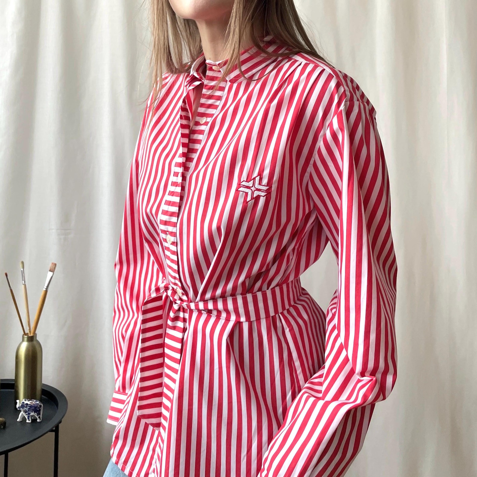 Vintage Striped Button Up Shirt with Belt - Red and White Cotton Blend - Size M