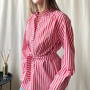 Vintage Striped Button Up Shirt with Belt - Red and White Cotton Blend - Size M