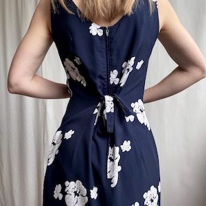 Vintage 90s Tank Mini Dress in Navy Blue & White Abstract Floral Print, Sleeveless Back Tie Viscose Dress, Small Size S
