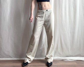 Vintage Pinstripe Pants in Ivory White Wool Blend, Betty Barclay, Size S