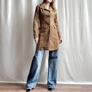 Vintage Fitted Corduroy Blazer Coat in Tan Brown, Stretchy Y2K Wide Notched Lapel Cord Blazer, Small Size XS/S