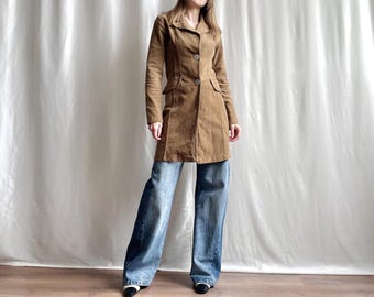 Vintage Fitted Corduroy Blazer Coat in Tan Brown, Stretchy Y2K Wide Notched Lapel Cord Blazer, Small Size XS/S