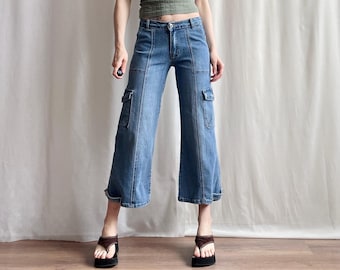 Vintage Flared Low / Mid Rise Cargo Jeans, Y2K Cropped Medium Wash Utility Style Denim Pants, Small Size XS/S