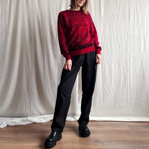 Vintage Finnish Red Wool Blend Knitted Sweater, 80s 90s Abstract Pattern Knitwear Pullover Jumper, Small Size S