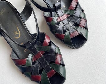 Vintage 90s Leather Strappy Heels: Black, Burgundy, Green T-Strap Sandals, EU 37 / US 6.5
