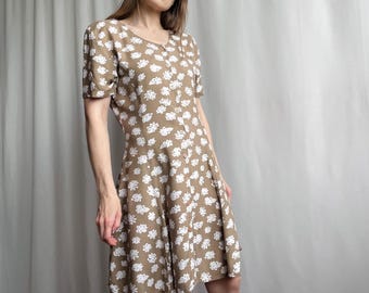 90s Floral A-line Mini Dress - Taupe Brown Short Sleeve - Etsy Israel