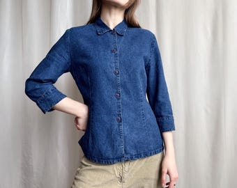 Vintage Linen Blend Fitted Half Sleeve Blue Button Down Shirt, Casual Collared Blouse, Small Medium Size S/M