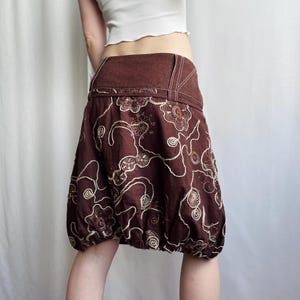 Vintage Linen Bubble Skirt in Brown, Above Knee Skirt with Floral Embroidery and Sequins, Medium Large Size M/L