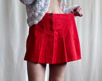 Vintage Pleated Cotton Twill Mini Skirt in Red, Y2K High / Low Waisted A-Line Denim Style Skirt, Small Medium Size S/M