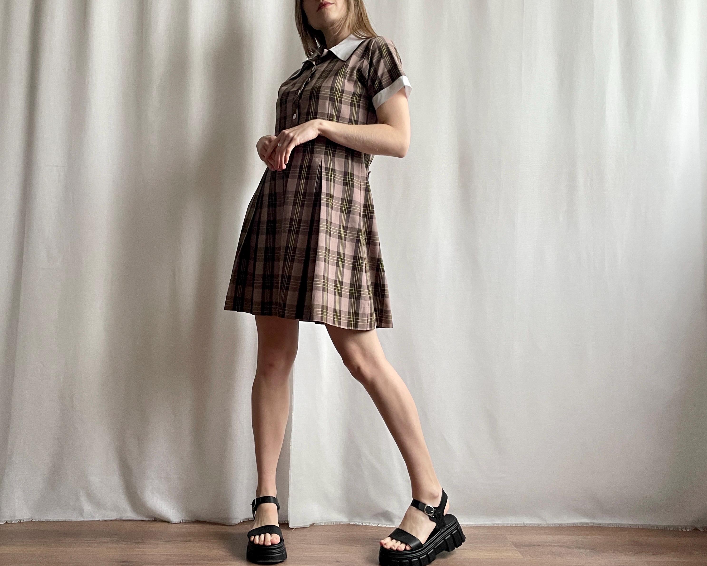 Vintage Plaid Mini Shirtdress, Pleated Brown Check Dress, Size S Petite