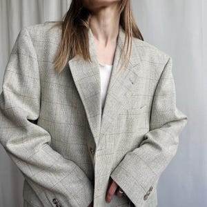 Vintage Wool Silk Plaid Blazer: Oversized Beige Check Power Suit (XL Size)