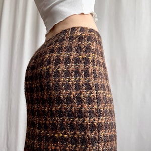 Vintage Italian Wool Blend Brown Plaid Bouclé Tweed Pencil Midi Skirt, Size XS/S