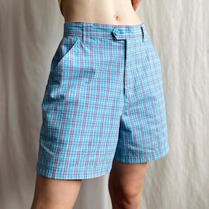 Vintage High Waisted Plaid Wide Leg Cotton Shorts in Light Blue, 80s 90s Check Side Pocket Shorts, Small Medium Size S M