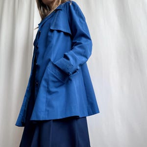 Vintage Swedish Vibrant Blue Single Breasted Trench Coat, Notched Lapel Button Down Hip Length Coat, Medium Large M/L