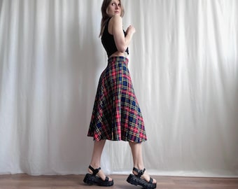 Vintage Wool Blend Plaid Pleated Full A-Line Midi Skirt, Below The Knee Tartan Check High Waisted Skirt, Small Size S