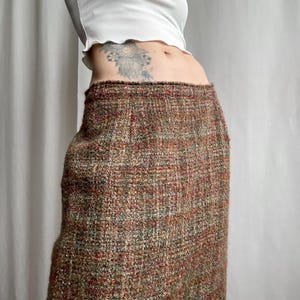 Vintage Wool Bouclé Tweed Multicolor Pencil Midi Skirt, Size S/M