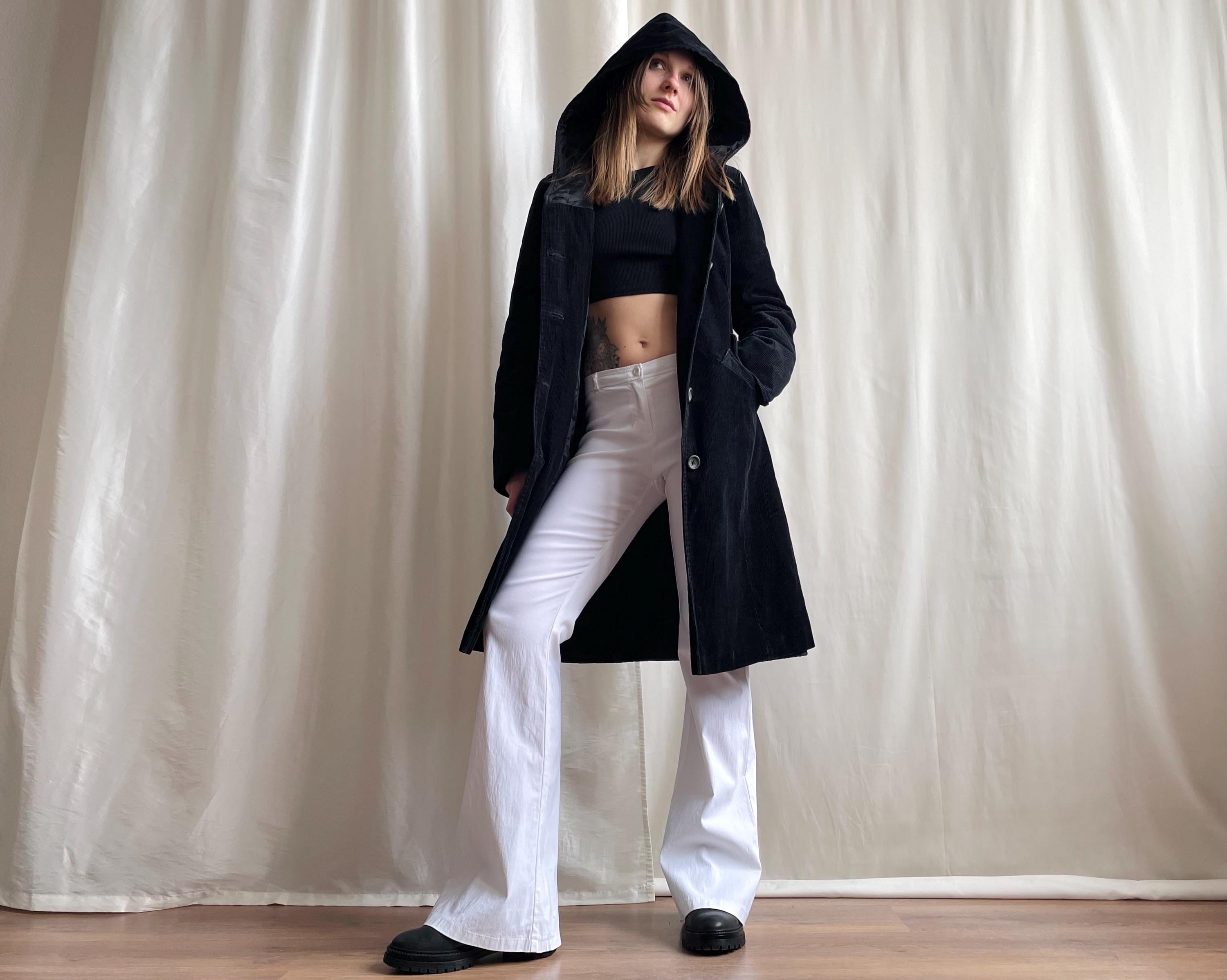 Vintage Hooded Corduroy Coat in Black, Button Down Cord Midi Coat with Side Pockets, Small Size S
