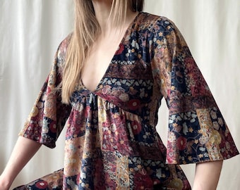 Túnica de terciopelo estilo boho vintage Y2K, estilo babydoll con estampado floral tierra, talla S