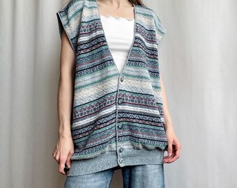 Vintage 90s Knit Sweater Vest: Multicolored Geometric Pattern, XL Oversized Waistcoat