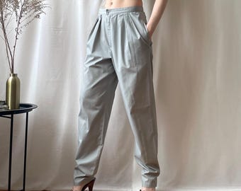 Vintage Pleated Wide Leg Summer Trousers, Gray High Waisted Pants, Size S