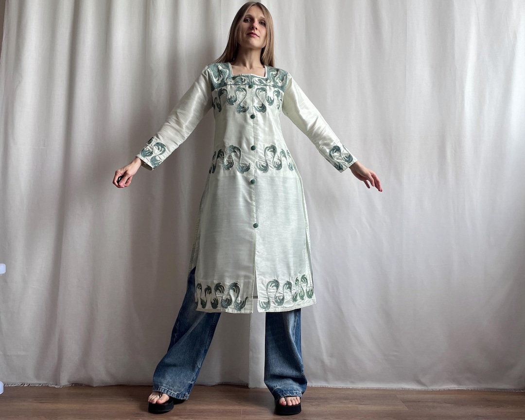 mint green tunic dress Vintage Embroidered Dress: Semi Sheer Long Sleeve, Size S mayqjunior