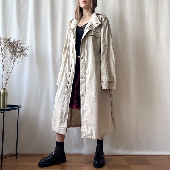Vintage Pure Cotton Beige Trench Coat, Belted Single Breasted Maxi Coat, Size XL