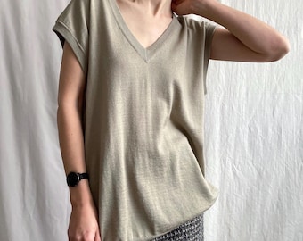 Chaleco vintage de mezcla de lana con cuello en V en color beige caqui, talla XL