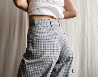 Vintage High Waisted Plaid Wide Leg Cropped Cargo Pants, 90s Cotton Utility Trousers, Extra Small Size XS Petite