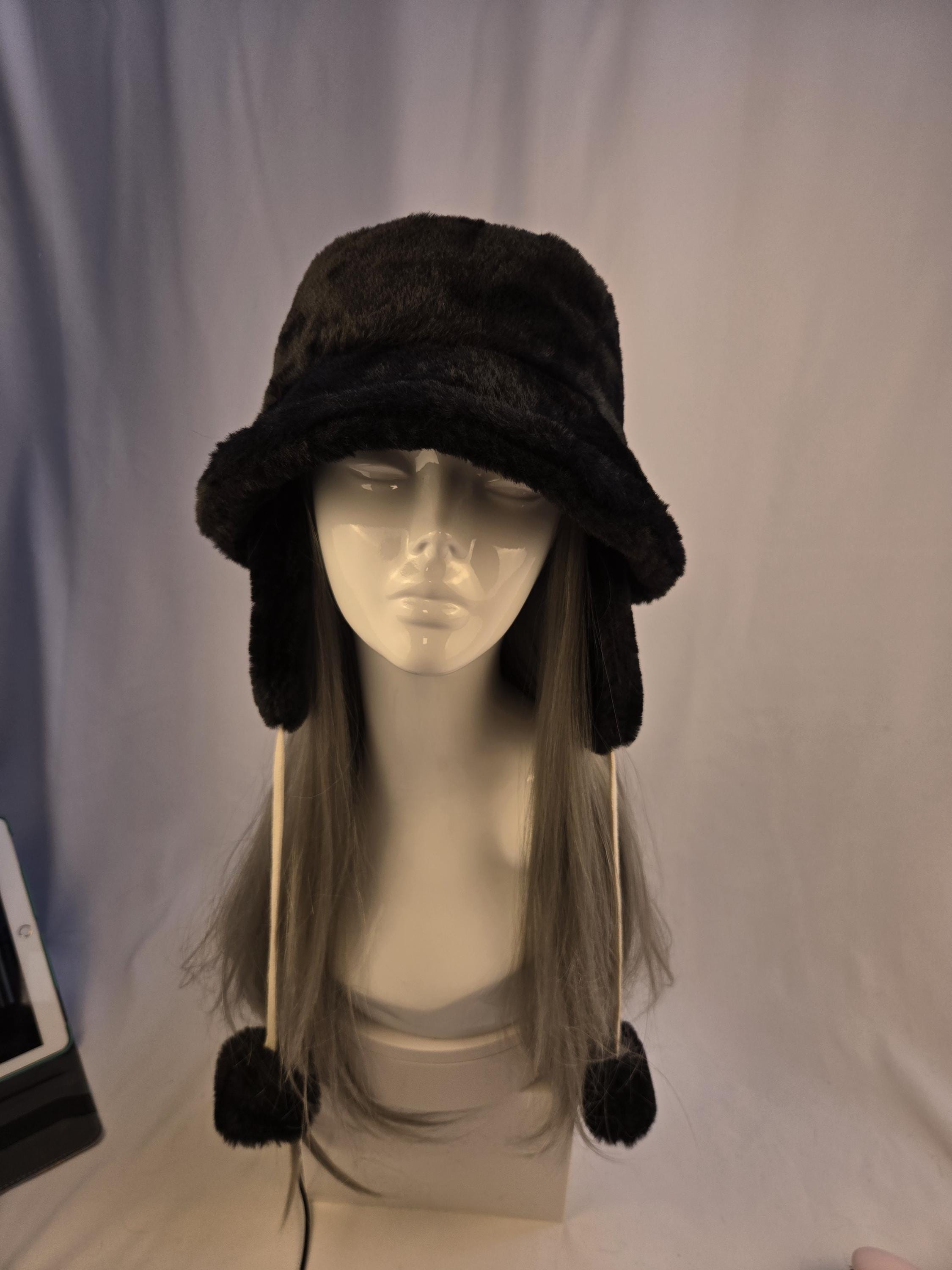 Faux Fur Bucket Trapper Hat: Black Plush Pom-pom Winter Hat 