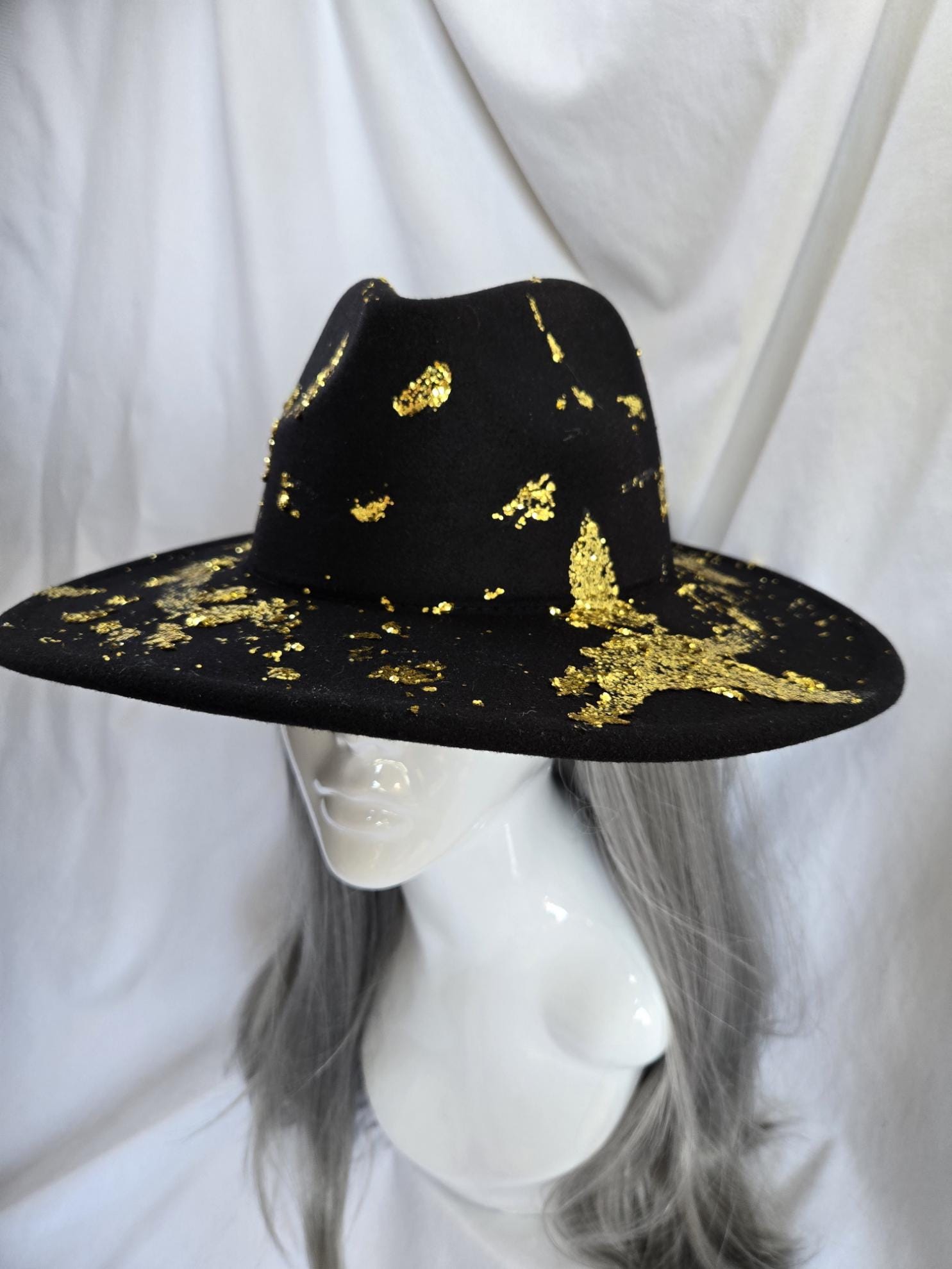 Black Wide Brim Fedora: Gold Glitter Paint Splatter  display picture 2