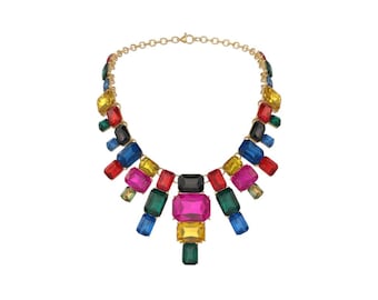 Art Deco Strasshalskette | mehrfarbig gold Statement Schmuck | Verstellbar Glam Halskette