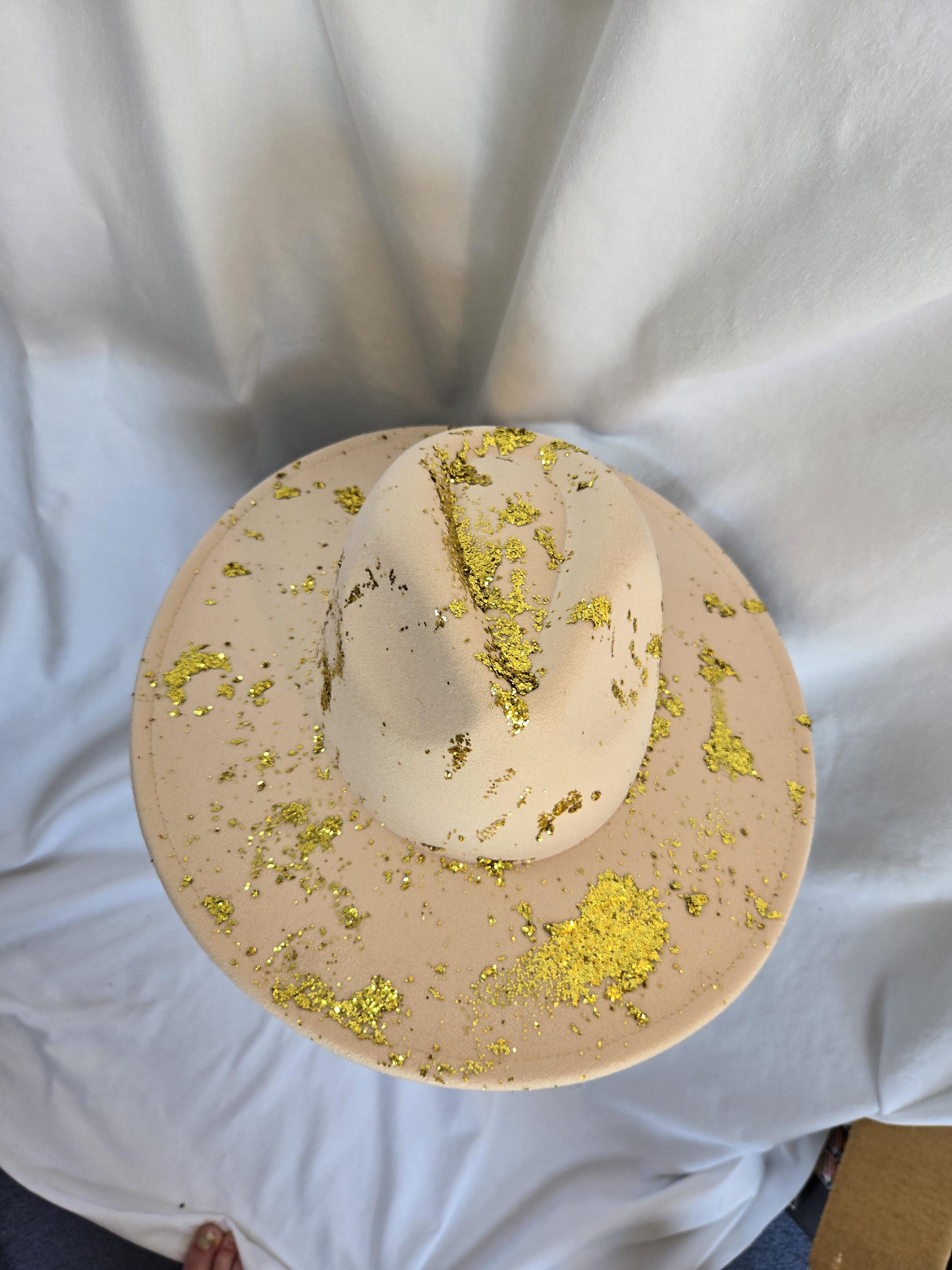 Gold Glitter Splatter Fedora: Beige Wide Brim Hat - Etsy display picture 1