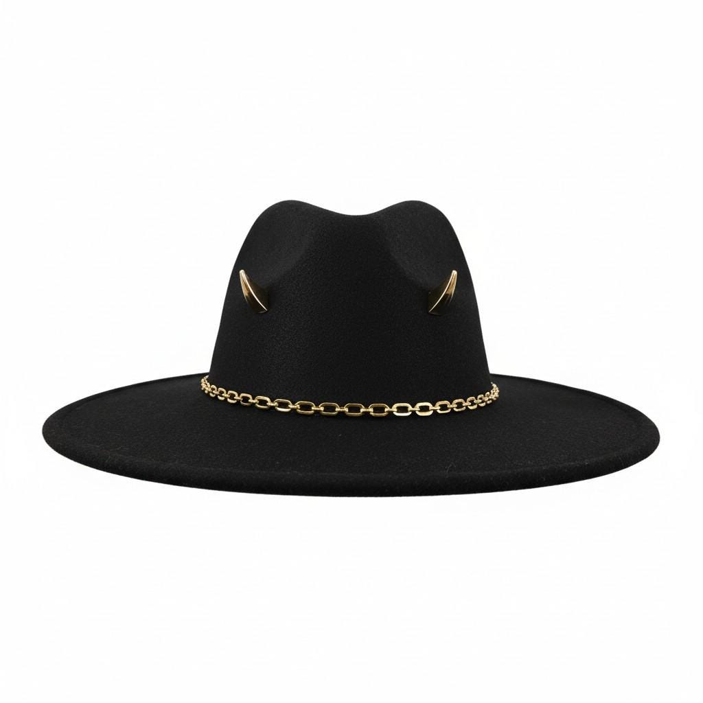 Black Fedora Hat Gold Horn Studs Chain Band | Custom 