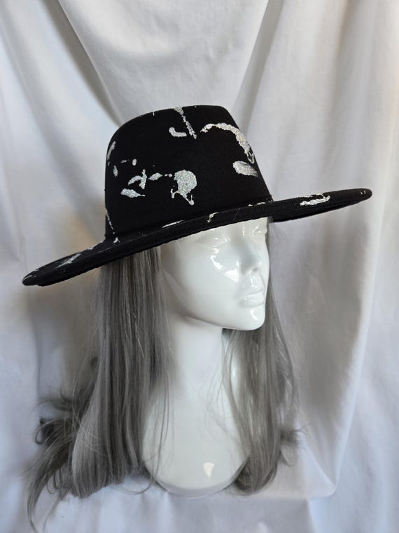 Handmade Black Fedora: Holographic Silver Glitter Splatter 