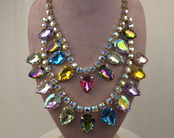 Multicolour Crystal Pendant Necklace | AB Gold Tiered Statement Jewellery Adjustable