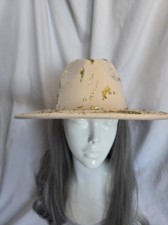 Tan & Gold Metallic Swirl Wide Brim Fedora Hat Tan & Gold Metallic Swirl Wide Brim Fedora Hat main image 2