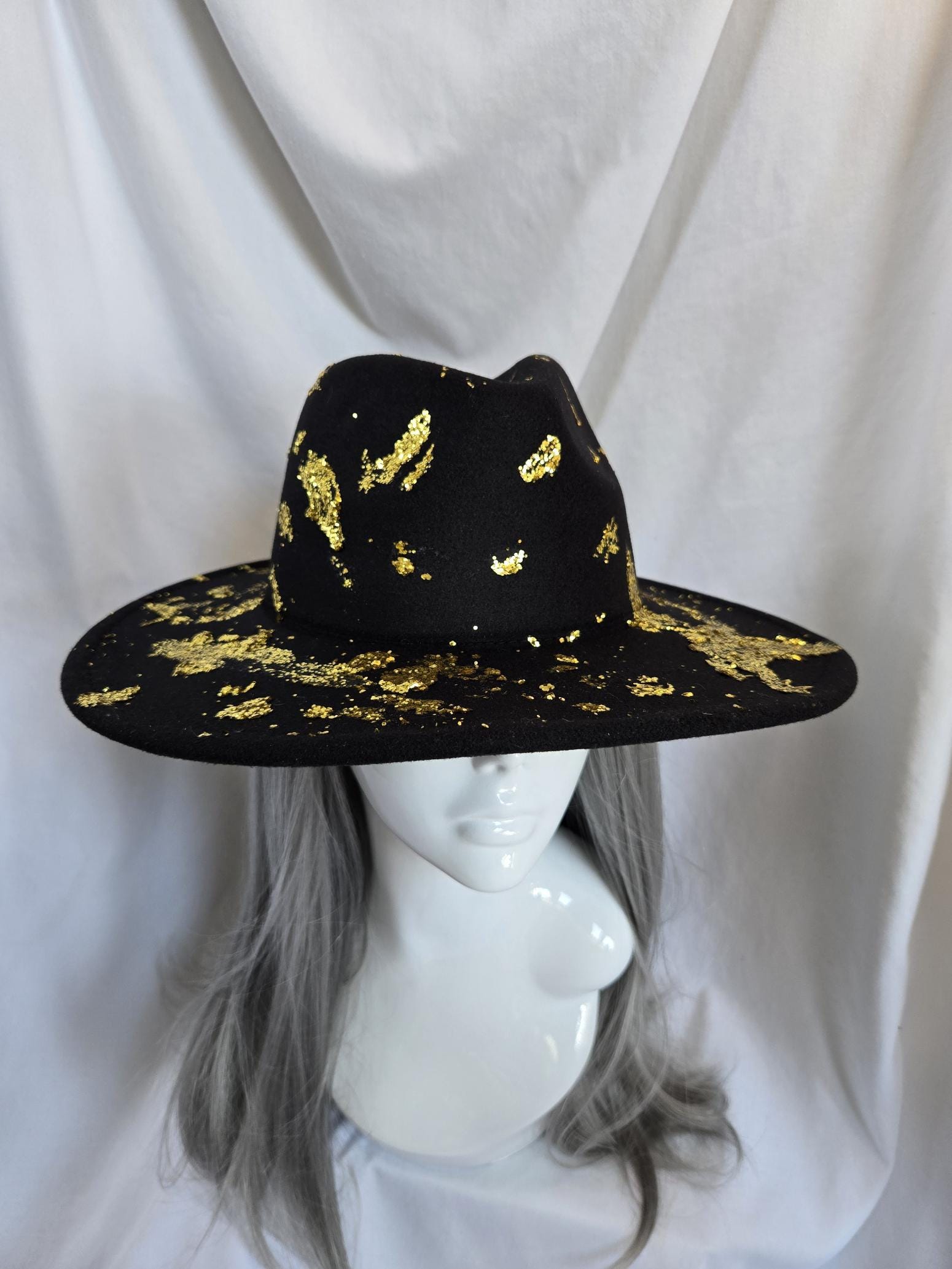 Gold Detailing Black Fedora Hat Black Wide Brim Fedora: Gold Glitter Paint Splatter  main image 4
