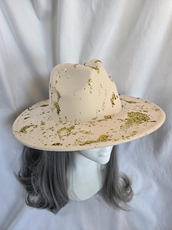 Tan & Gold Metallic Swirl Wide Brim Fedora Hat Tan & Gold Metallic Swirl Wide Brim Fedora Hat main image 3