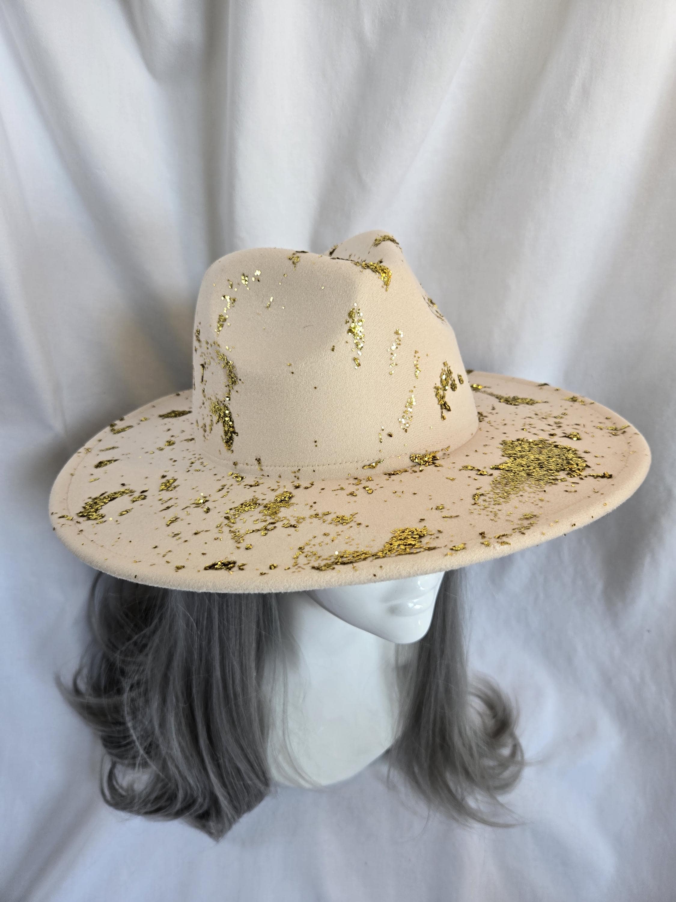Gold Glitter Splatter Fedora: Beige Wide Brim Hat - Etsy display picture 3