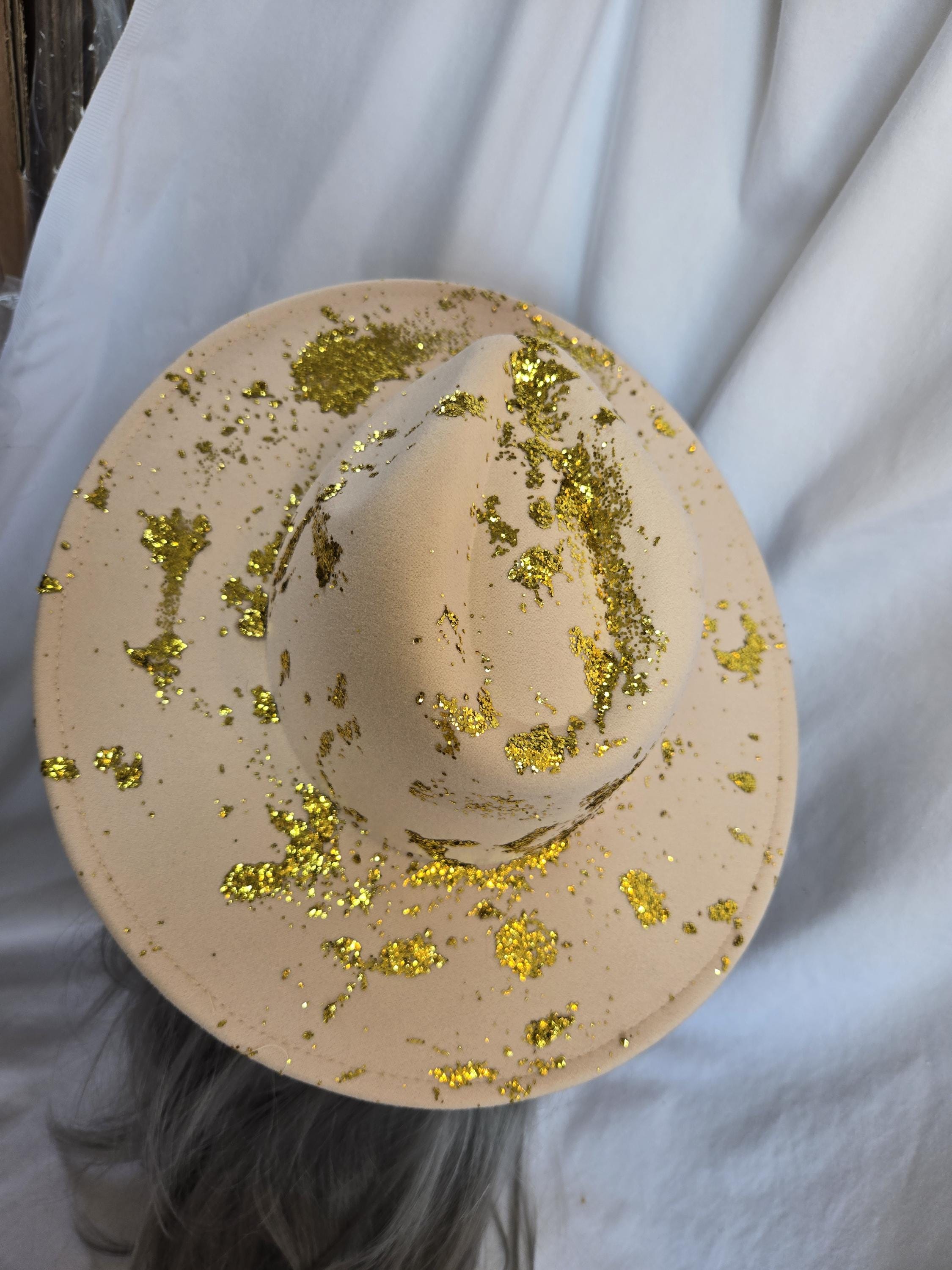 Gold Glitter Splatter Fedora: Beige Wide Brim Hat - Etsy display picture 2
