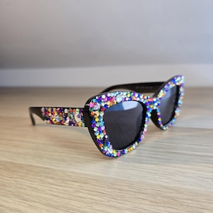 Oversized cat eye sunglasses, handmade with multicoloured rhinestone customisation, One of a kind custom sunglasses