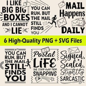 Op de afbeelding: Een verzameling zwart-wit afbeeldingen met tekst over post, waaronder zinnen als "Post Life" en "Mail Happens Daily". De afbeelding bevat ook de tekst "6 Hoogwaardige PNG + SVG-bestanden".