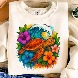 Sea Turtle PNG for Shirt, Tropical Floral Wave Sublimation Design, Boho Ocean Clipart PNG, Turtle Beach Summer PNG File