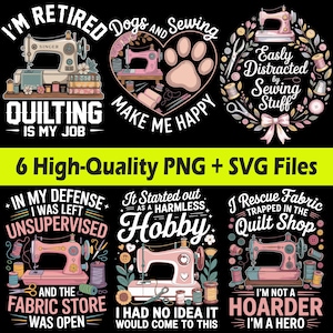 Peut inclure: Plusieurs motifs sur le thème de la couture avec du texte. Les motifs présentent des machines à coudre, des bobines de fil et des phrases telles que "Le quilting est mon travail" et "Facilement distrait par les trucs de couture". La palette de couleurs comprend le rose, le blanc et le noir.