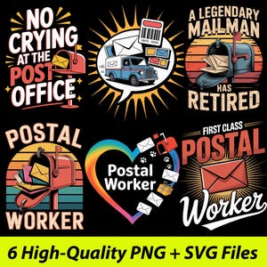 Puede incluir: Seis diseños con temática postal sobre un fondo negro. Los diseños incluyen buzones, sobres y texto como "No Crying at the Post Office" y "Postal Worker". La parte inferior de la imagen dice "6 High-Quality PNG + SVG Files".