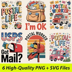 Op de afbeelding: Een verzameling post-thema afbeeldingen met tekst zoals "Postal Life", "I'm OK" en "Got Mail?". De ontwerpen tonen postwagens, brievenbussen en een tas vol enveloppen. De onderste banner luidt "6 High-Quality PNG + SVG Files."