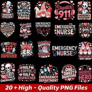 Puede incluir: Una colección de más de veinte archivos PNG de alta calidad con diseños relacionados con los servicios de emergencia. Los diseños incluyen texto como "Emergency Department", "Emergency Nurse" y "Dispatch 911", junto con gráficos de corazones y gnomos.