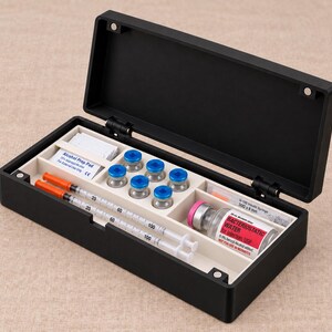Contenitore organizer per flaconi di peptidi, scatola porta 6 flaconi con vassoio per siringhe e scomparto per salviette, chiusura magnetica.