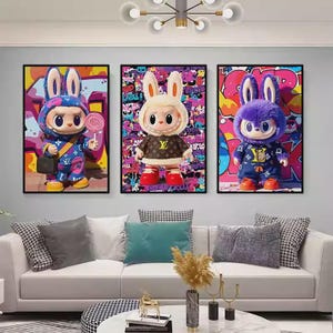 Stampe artistiche Labubu Urban Pop Bunny, decorazioni murali neutre / decorazioni murali Street Art / arte murale, decorazioni moderne per soggiorno o camera da letto