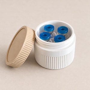 Op de afbeelding: Een witte cilindrische houder met een geribbelde buitenkant en een losse beige deksel. In de houder bevinden zich vier kleine doorzichtige glazen flesjes, elk voorzien van een felblauwe ronde dop, gerangschikt in een groepje in de basis.